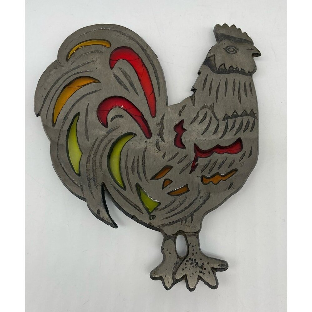1983 Cast Iron Rooster Chicken Trivet Stained Glass Decorative Wall Hanging 8”